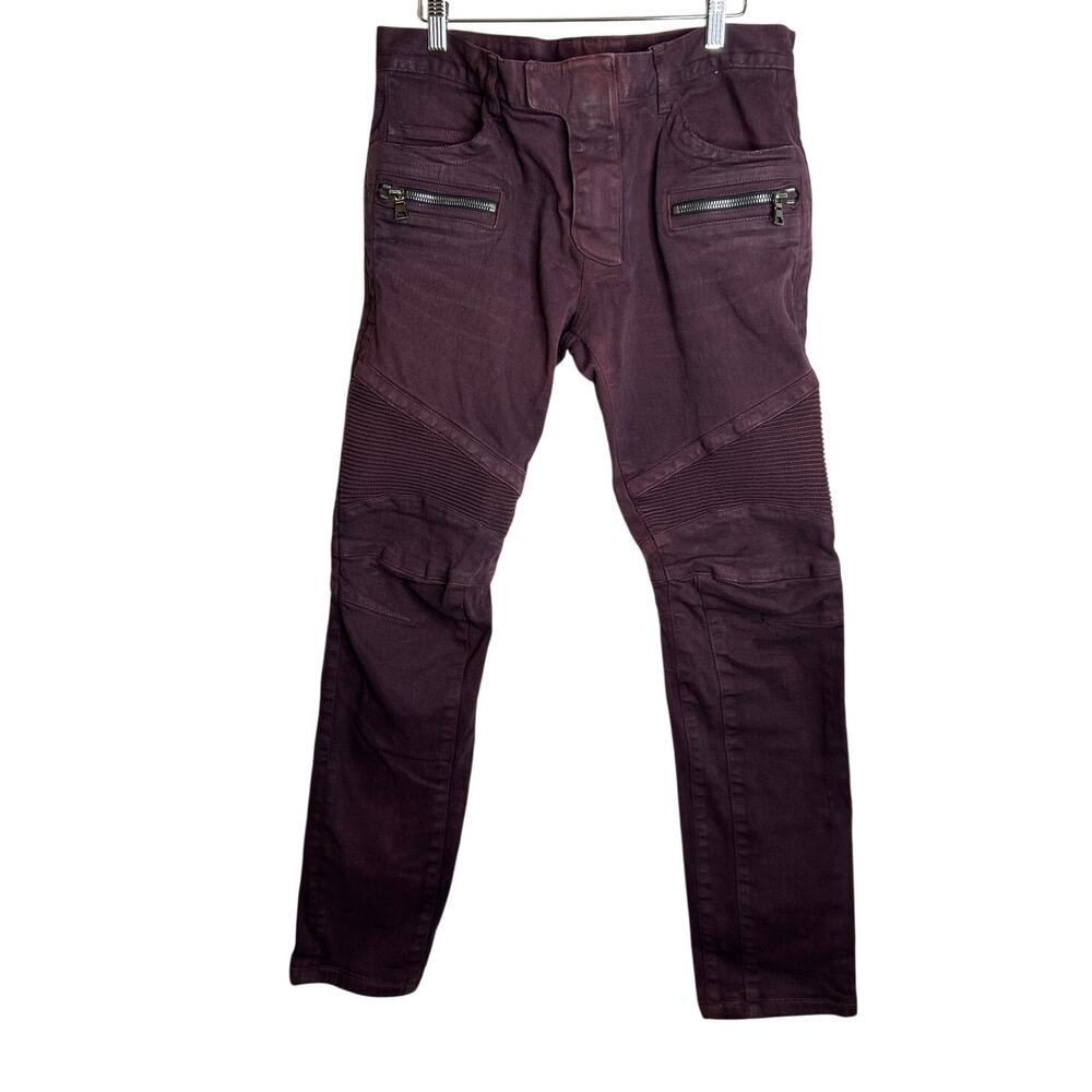 Balmain Paris Men's Denim Biker Moto Jeans‎ Burgundy Size 32x30 - Picture 2 of 14